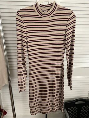 American Apparel Beige Sleeve Mock Neck Dress with Navy, Pink, and Maroon Stripe